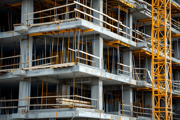Rohbauansicht: Baustelle mit dem Fortschritt des Bauprojekts, Baustellenaktivitäten und der Entwicklung der Baustruktur