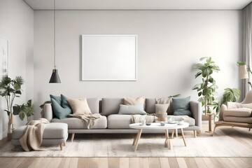 A cozy living space with simple furnishings, a blank white empty frame mockup on the wall, and a soothing color scheme that invites relaxation.