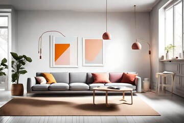 Tranquil minimalism with a touch of color in a living room, showcasing a sofa, an empty white frame on the wall, and vibrant hues, bathed in the light of a sleek pendant.