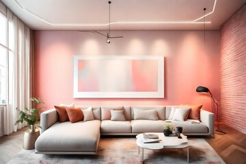 A strikingly beautiful minimalist lounge area boasting a chic sofa, a white frame mockup on a solid color wall, and a splash of lively color, softly lit by the modern charm of a pendant light.