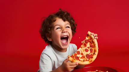 Happy Curly-Haired Child Enjoying Delicious Pizza Slice