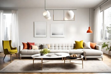 Modern simplicity in a living space adorned with a sofa, an empty white frame, and bold colors, all beautifully illuminated by a stylish pendant light.