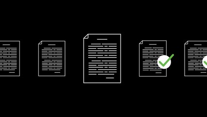 Animated documents with green checkmark moving left to right, perfect for visualizing success. Get this stock footage with transparent background for seamless integration.
