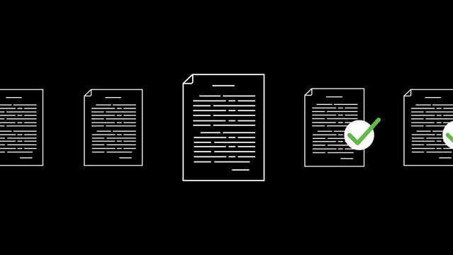 Animated documents with green checkmark moving left to right, perfect for visualizing success. Get this stock footage with transparent background for seamless integration.