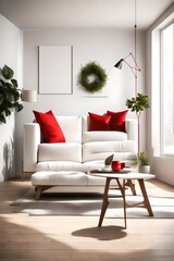A minimalist living room with a white sectional sofa, a blank white empty frame mockup on the wall, and a bright red accent chair. The room is illuminated by natural light.