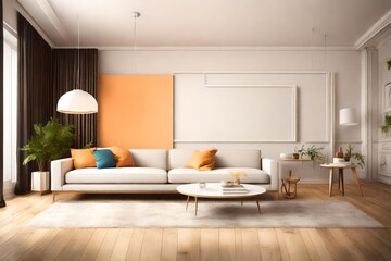 Fototapeta na wymiar A breathtakingly simple living room, showcasing a single sofa, an empty white frame mockup on a clear solid color wall, and a vivid color accent, all bathed in the graceful glow of a pendant light.