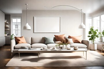 Fototapeta na wymiar A serene living room with minimalist charm, featuring a sofa, a blank white frame, and lively colors, softly lit by a sleek pendant light.