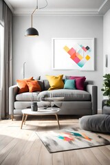 A modern living room with a sleek gray sofa, a blank white empty frame mockup on the wall, and pops of color from vibrant artwork. The room is illuminated by a statement floor lamp.