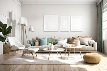 A snapshot of a serene living space adorned with simple furnishings, a blank white empty frame mockup, and a splash of lively colors that emanate tranquility.