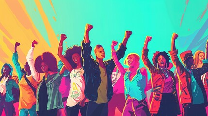 Multi ethnic people raising their fists up in the air, Generative Ai illustration