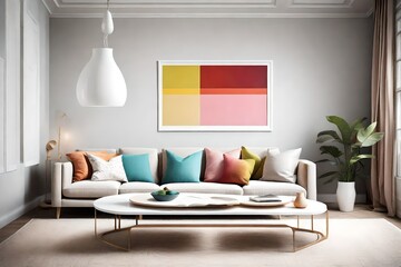 Tranquil minimalism with a pop of color in a living room, showcasing a sofa, an empty white frame, and vibrant hues, softly lit by a sleek pendant.