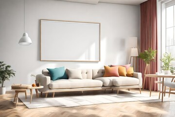 A modern living room bathed in natural light, showcasing simple yet stylish furniture, a blank white empty frame mockup on the wall, and a harmonious blend of bright colors.