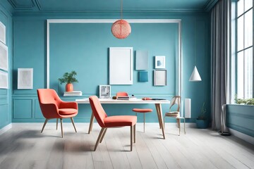 A minimalist sanctuary showcasing a blank white frame on a clear azure wall, adorned with a single coral chair, and lit by the subtle warmth of a contemporary pendant light.