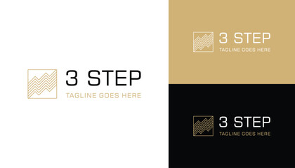 Golden Tread Three Stairs With Simple Square Line Art Logo Design