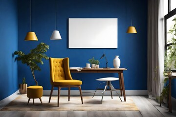 An inviting interior mockup featuring a blank white canvas on a clear cobalt wall, paired with a singular mustard chair, and lit by the subtle warmth of a pendant light.