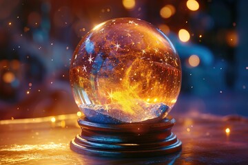 galaxy within the crystal ball is teeming with bright stars and celestial bodies that emit an ethereal glow