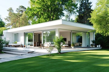 modern minimalistic home with a green garden. large sliding windows and a big white coach - Powered by Adobe