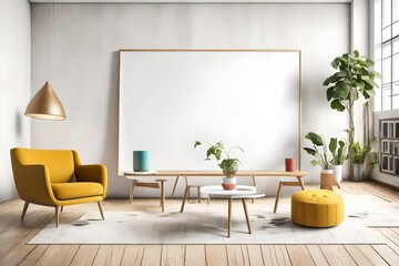 A minimalist living room capturing the essence of simplicity with basic furniture, a blank white empty frame mockup, and a cheerful interplay of lively colors.