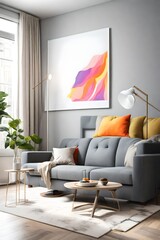 A modern living room with a sleek gray sofa, a blank white empty frame mockup on the wall, and pops of color from vibrant artwork. The room is illuminated by a statement floor lamp.