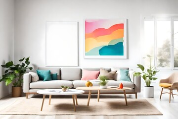 A bright and airy living room with minimalistic furniture, a blank white empty frame mockup, and a palette of vivid colors creating a serene visual ambiance.