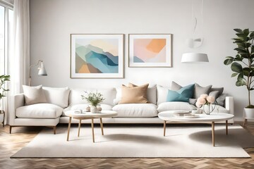 A serene living room with a neutral color palette, a simple white sectional sofa, and a blank white empty frame mockup on the wall. The room is decorated with colorful wall art.