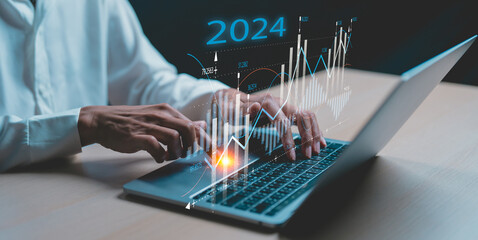 Explore the stock market trends for 2024 with analytical visuals of businessman planning long term...