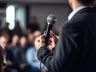 Confident Question: Seminar Attendee with Microphone,Engaged Seminar Participant