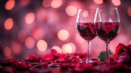 Romantic concept. Two glasses of vine with pink rose petals with bokeh background. Valentine's day banner. Celebration with wine and red rose