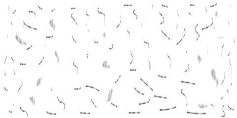 Luxury silver sparkle confetti glitter and zigzag ribbon falling down on transparent background.