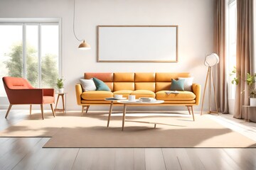 A modern living room bathed in natural light, showcasing simple yet stylish furniture, a blank white empty frame mockup on the wall, and a harmonious blend of bright colors.