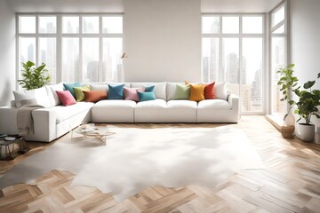 A bright and airy living room with large windows, a simple white sectional sofa, and a blank white empty frame mockup on the wall. The room is decorated with colorful floor pillows.