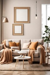 A cozy living room with a warm color scheme. It features a comfortable beige couch, a blank white empty frame mockup on the wall, and pops of color from vibrant throw blankets.