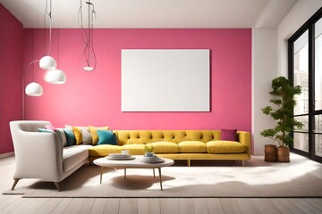 An exquisitely simple living space adorned with a single sofa, a blank white frame mockup on a seamlessly colored wall, and a burst of bright hues