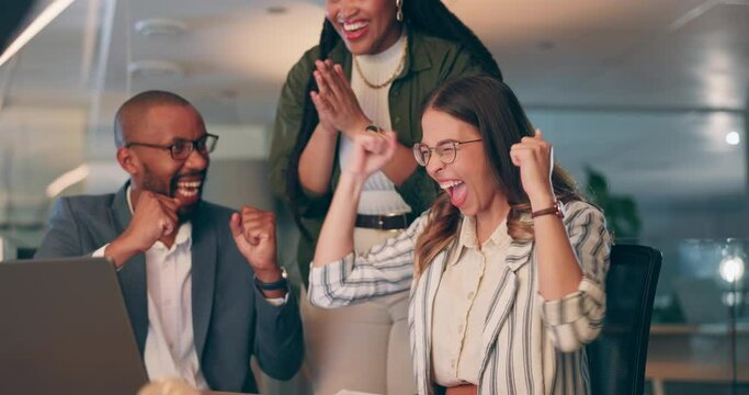 Business people, high five and teamwork on laptop with celebration, success or news of goals in night office. Happy employees, group or women and man with wow, yes and winning or excited for bonus