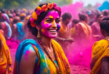Naklejka premium AI Generative illustration of a traditional Holi Festival of Colour scene