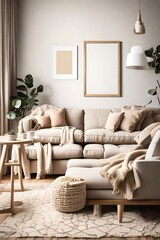 A cozy living room with a neutral color palette, a simple beige couch, and a blank white empty frame mockup on the wall. The room is decorated with colorful throw blankets.