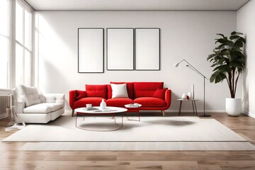 A minimalist living room with a monochromatic color scheme. It includes a white sectional sofa, a blank white empty frame mockup on the wall, and a bright red accent chair.