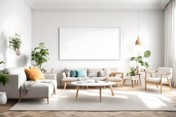 A bright and airy living room with minimalistic furniture, a blank white empty frame mockup on the wall, and a palette of vivid colors creating a serene visual harmony.