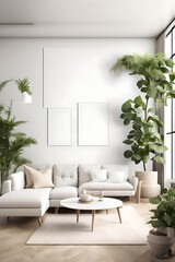 A serene living room with a neutral color palette, a simple white sectional sofa, and a blank white empty frame mockup on the wall. The room is decorated with colorful indoor plants.