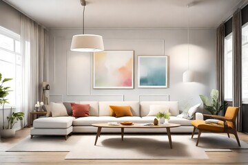 A minimalist living room with sophistication a?" a sofa, a blank white frame, and lively colors, all elegantly lit by a contemporary pendant light.