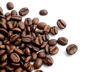Rich roasted coffee beans on white background isolated. Close up view of brown caffeine goodness perfectly capture aroma and flavor in studio setting ideal for enthusiasts and food photography