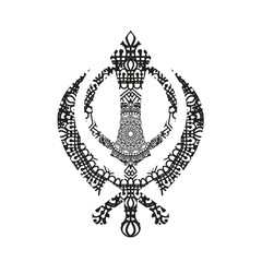 Khanda adorned with intricate mandala art, blending Sikh symbol of strength with the harmonious beauty of geometric patterns. A fusion of spirituality and intricate design, symbolizing unity,