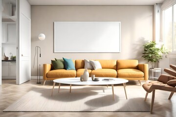 A modern living room bathed in natural light, showcasing simple yet stylish furniture, a blank...