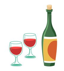 Bottle of red wine and glasses of alcohol drink