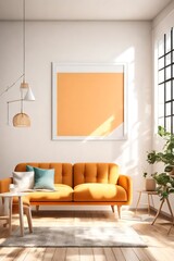 A sunlit living room with a cozy sofa, minimalist furniture, and a blank white empty frame mockup on the wall, adorned with bright, cheerful colors.