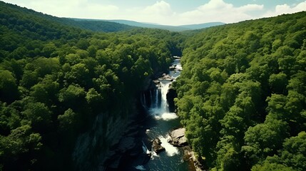Arial shot of falls in a beautiful green forest , aerial shot, falls, beautiful green forest