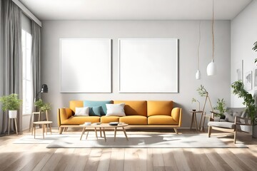 A modern living space featuring simple yet stylish furniture, a blank white empty frame mockup on the wall, and a harmonious interplay of bright colors.