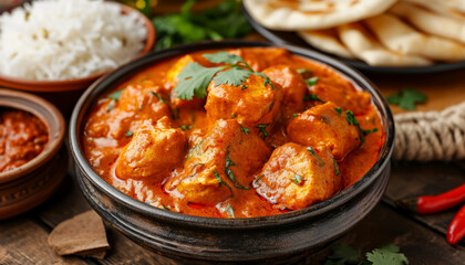 An aromatic bowl of chicken tikka masala served with rice on the side, AI generated,