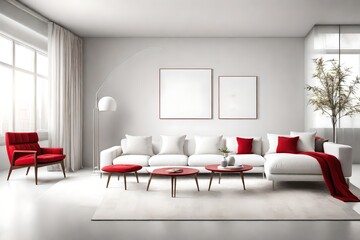 A minimalist living room with a monochromatic color scheme. It includes a white sectional sofa, a blank white empty frame mockup on the wall, and a bright red accent chair.