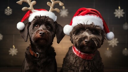 Lagotto Romagnolo puppy and black cat posing with antlers at Christmas time